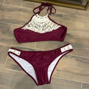 Maroon bikini; with lace